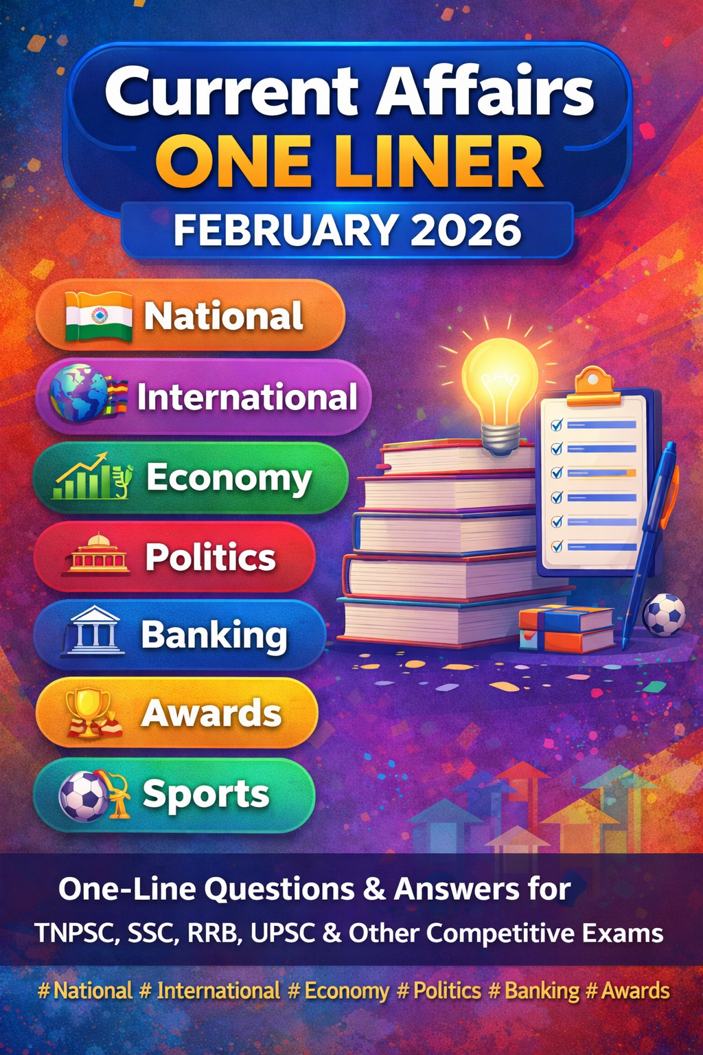 Current Affairs One Liner February 2026 PDF revision topics – National, International, Economy, Banking, Awards and Sports